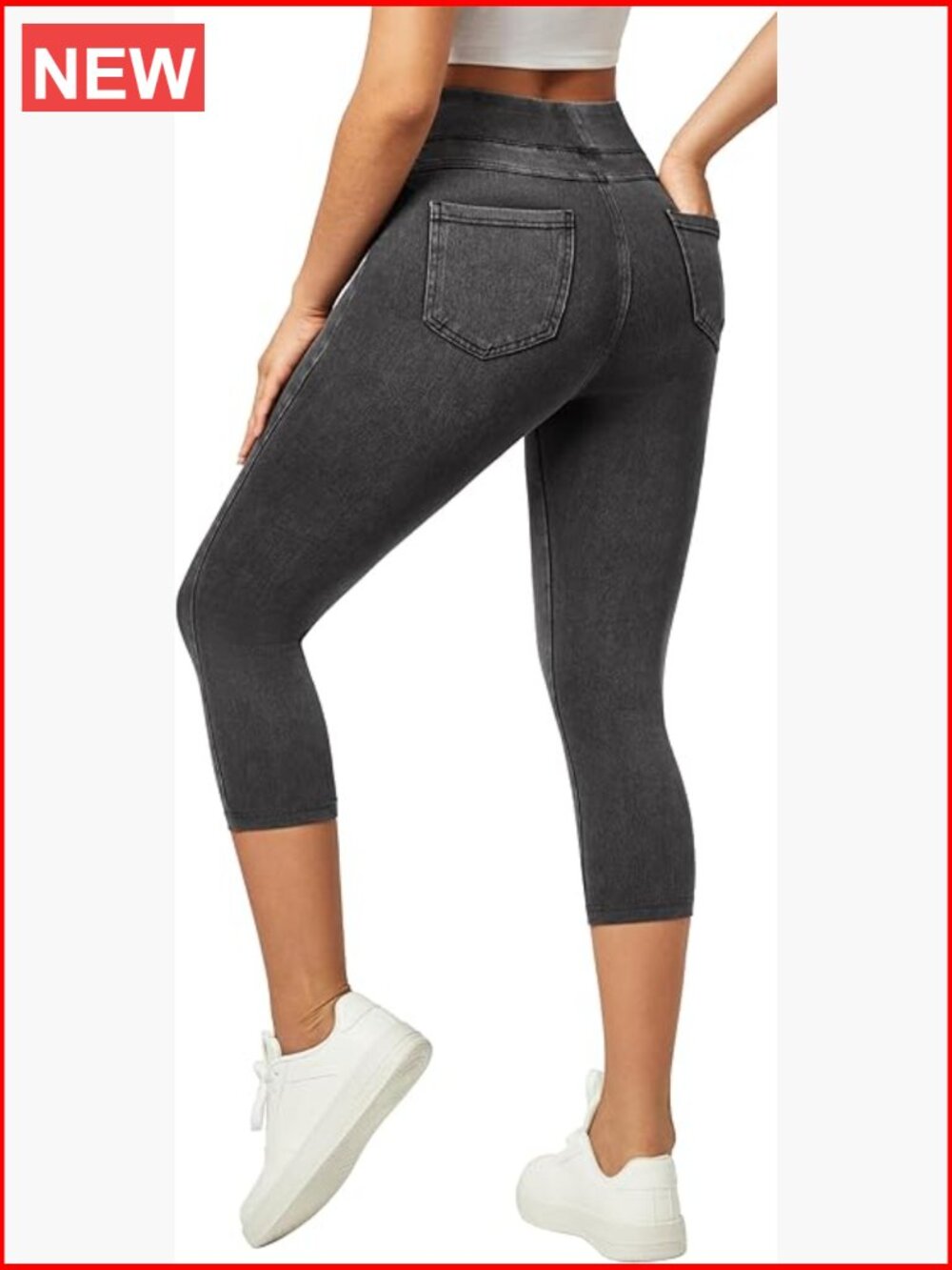 Stretchy High Waisted Capri Jeggings with Pockets Pull On Denim Casual Pants